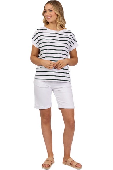 VASSALLI DROP SLEEVE TOP - WHITE/FOREST STRIPE