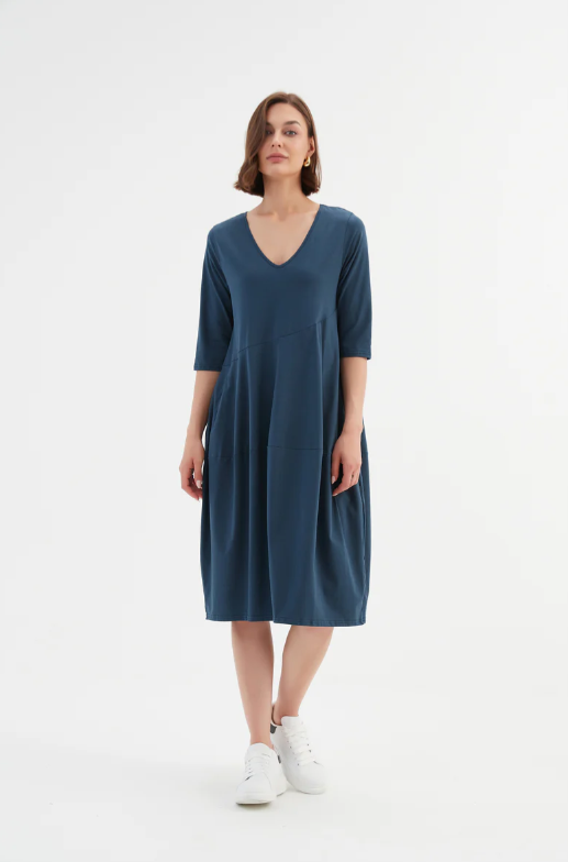 TIRELLI V NECK DIAGONAL SEAM DRESS - DEEP TEAL